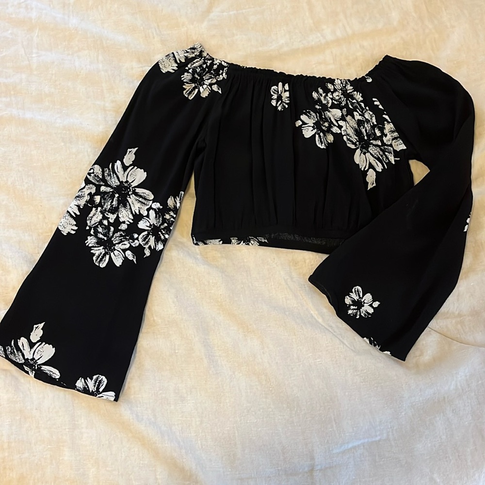 Flynn Skye off the shoulder black floral crop top